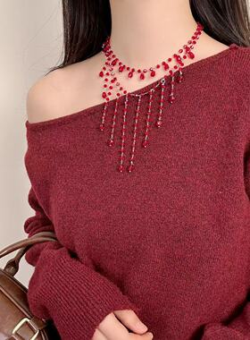 多层奢华红水滴流苏choker项链女2026年新款小众时尚气质锁骨链潮