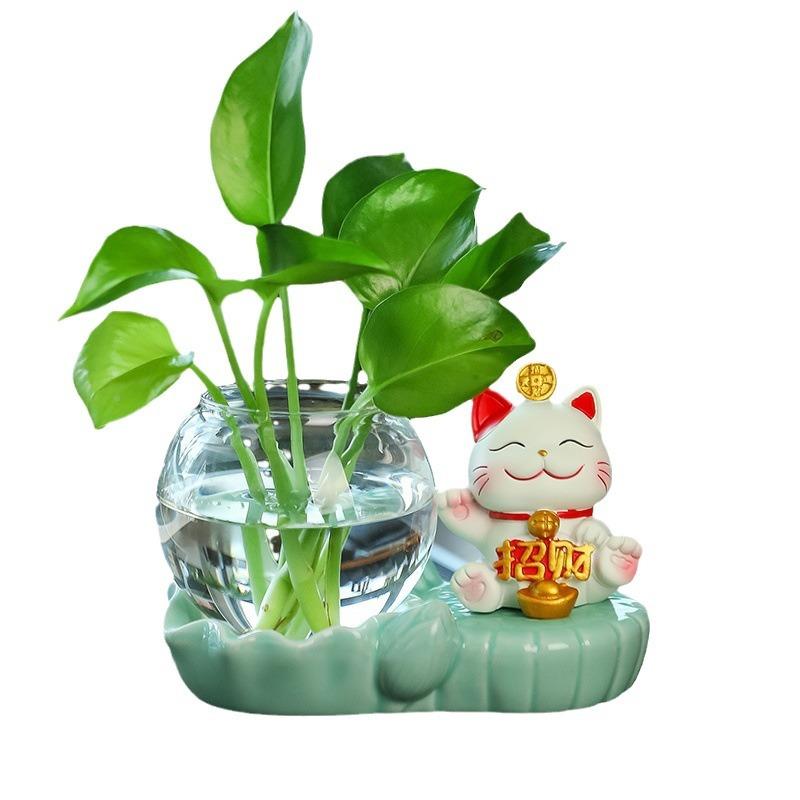 杰爱招财猫水培花瓶花办公室QCSP绿萝水可养花器插蕊器皿桌面摆件