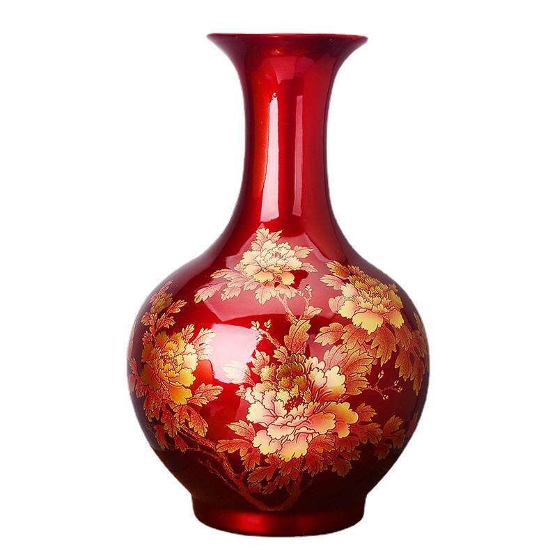 景德镇陶瓷器中国红水晶釉花开富贵花瓶现代家饰工艺品摆件