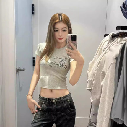 小海鸥Hollister夏季休闲印花辣妹皱缩版短款T恤修身圆领短袖上衣