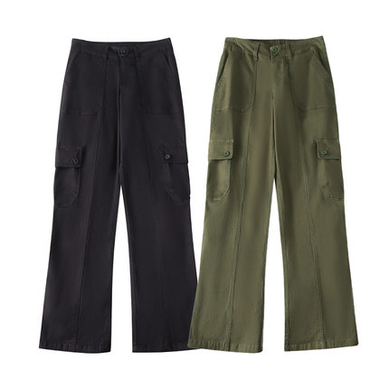 Hollister小海鸥美式辣妹工装弹力微喇叭休闲裤复古军绿色长裤女