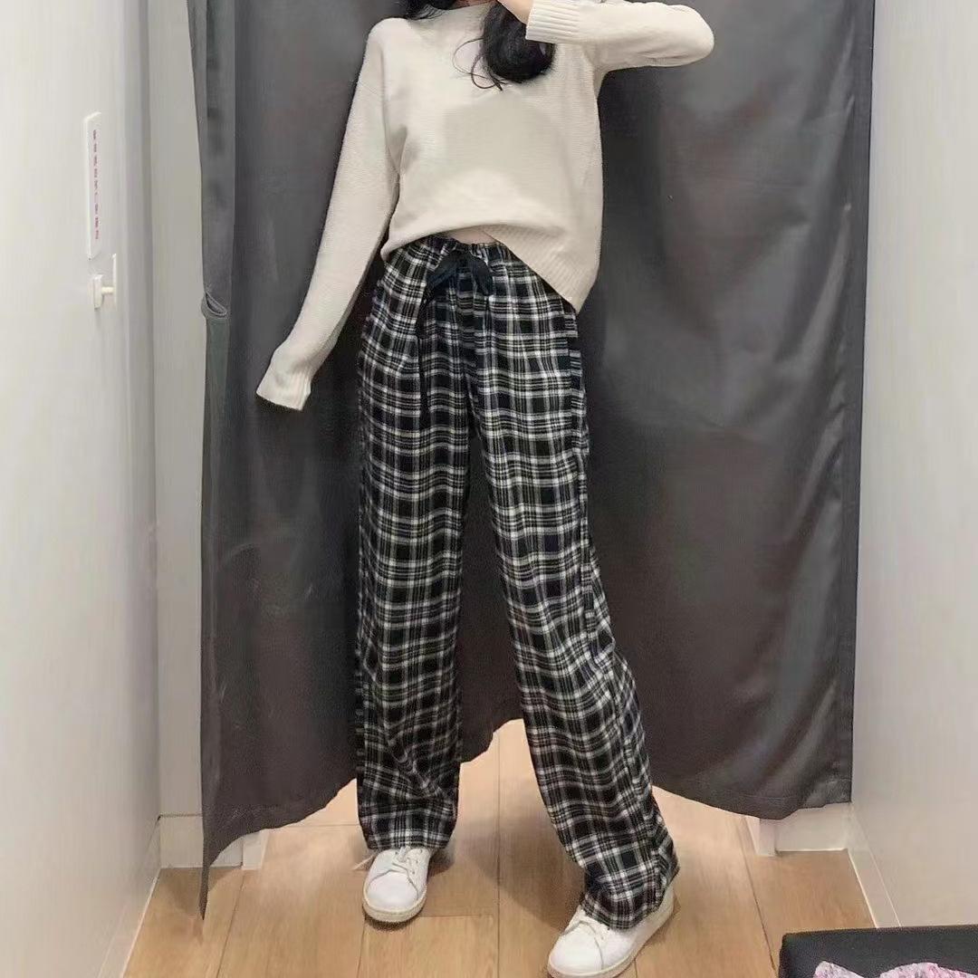 2025秋冬款松紧运动裤纯欲风BM法兰绒格子裤子直筒休闲长裤女装潮