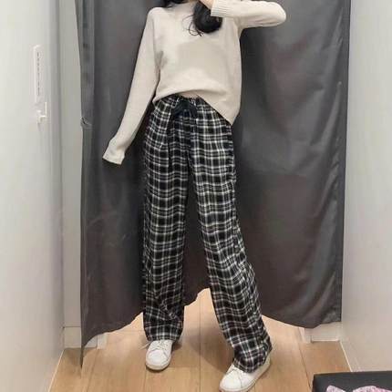 Hollister秋冬款松紧运动裤小海鸥法兰绒格子裤直筒休闲长裤女装