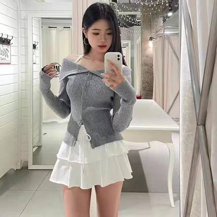 Hollister一字肩挂脖针织衫女装小海鸥假两件修身芭蕾风毛衣上衣