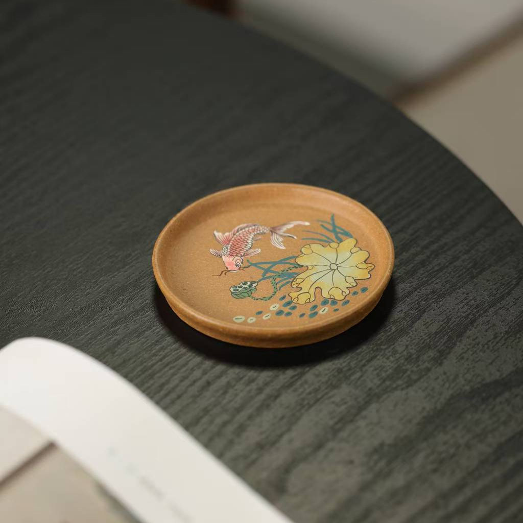 宜兴原矿紫砂泥绘壶承杯垫精品紫砂壶托茶托家用圆形杯托