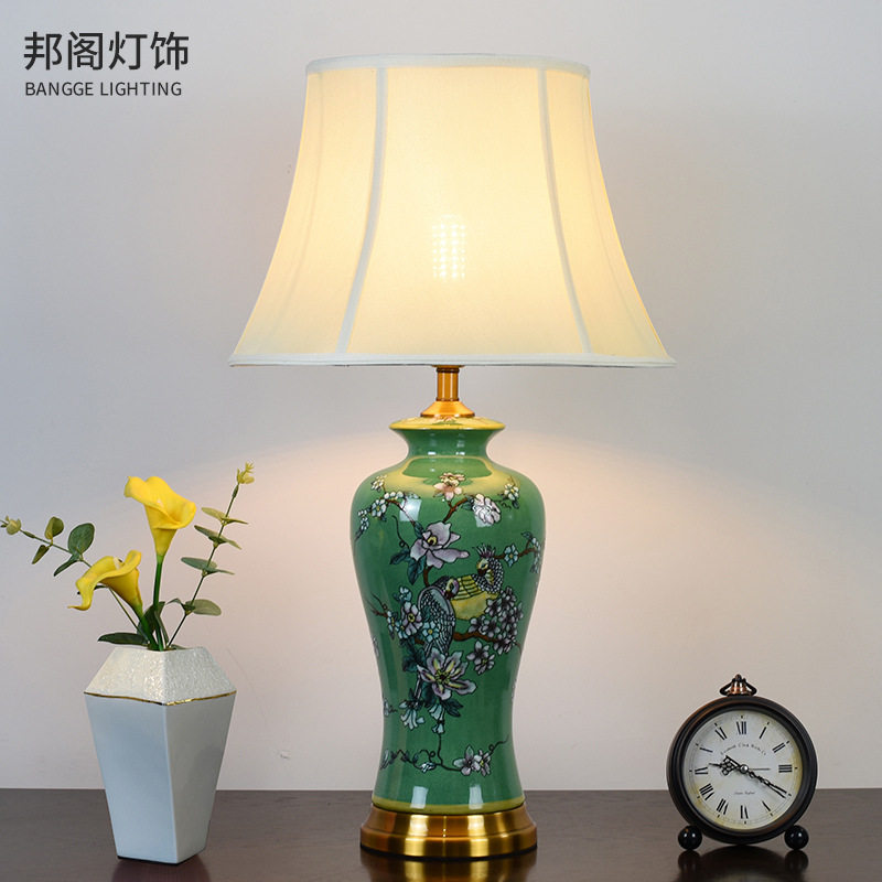 美式创意陶瓷台灯客厅卧室床头灯绿色花鸟酒店装饰灯摆件批发