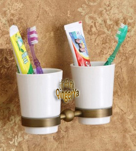 供应欧式仿古漱口杯铜牙刷杯架套装 陶瓷双杯   A907