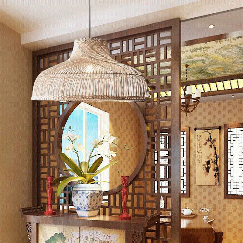 藤编吊灯手工编灯罩中式餐厅饭店客厅卧室书房酒吧复古藤艺灯