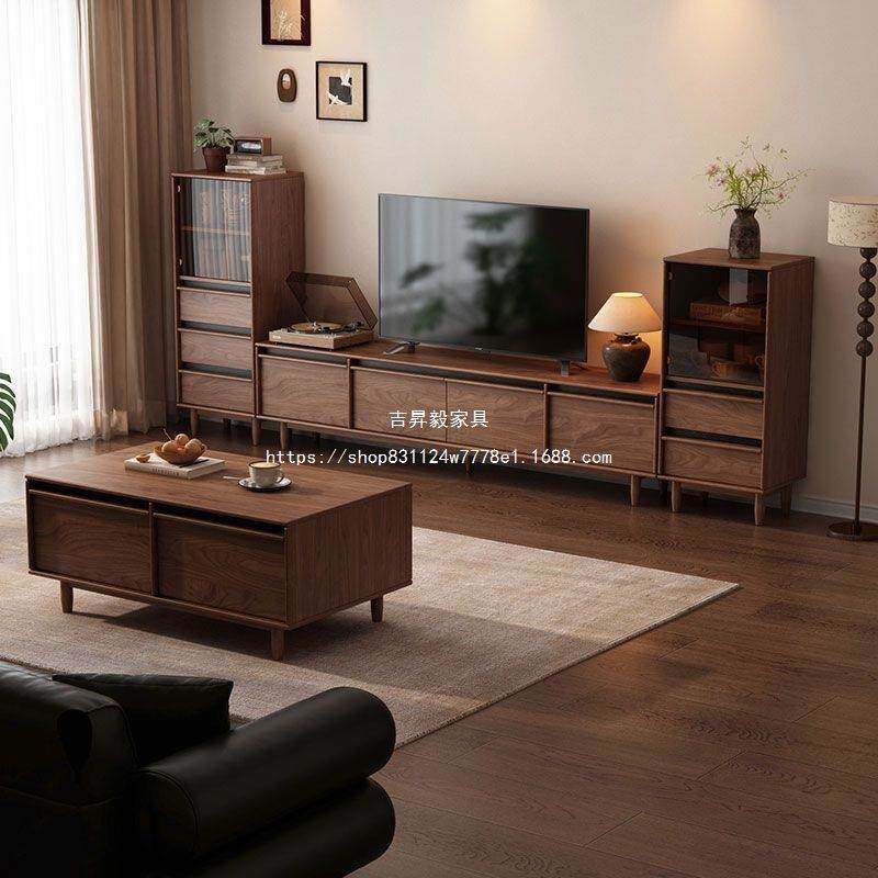 实木电视柜落地中古风客厅收纳储物柜一体小户型2026新款边柜组合