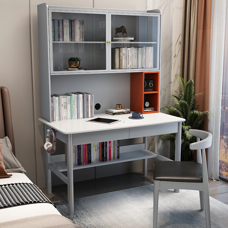 灰色实木书桌带柜门单人电脑桌书架一体卧室床头学习桌子办公桌