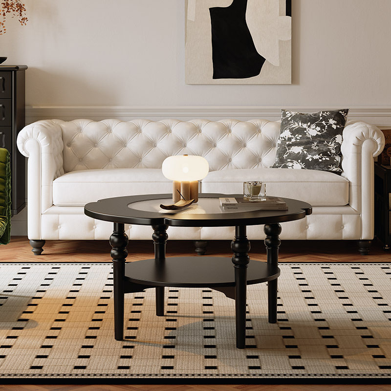 新款法式复古小户型家用客厅黑色双层小茶几钢化玻璃圆形实木茶桌