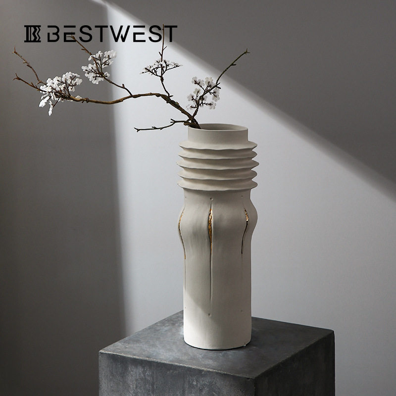 博西家居 后现代彩绘螺纹直筒陶瓷花瓶摆件ins样板间展会陈列花器