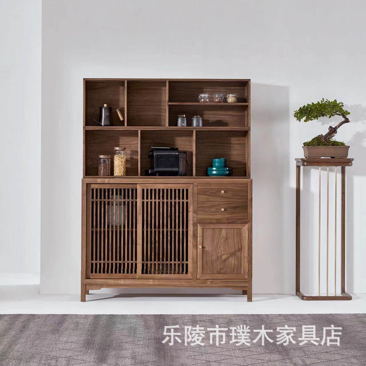 新中式黑胡桃茶室储物边柜餐厅餐边柜储物柜简约实木客厅家具