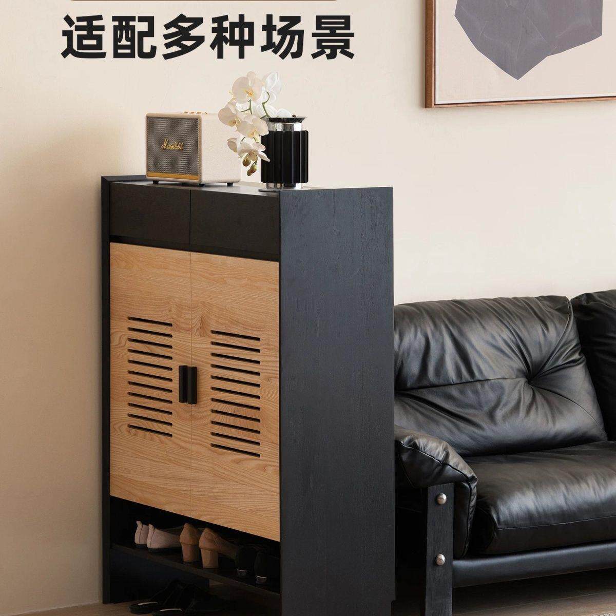 法式复古鞋柜棋盘格家用门口入户玄关柜一体靠墙收纳多层储物柜