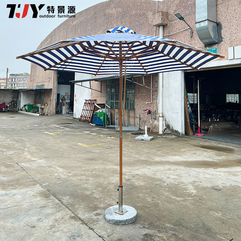 跨境邮购两节双滑轮拉绳户外中柱遮阳伞铝合金蓝白条纹沙滩网红伞