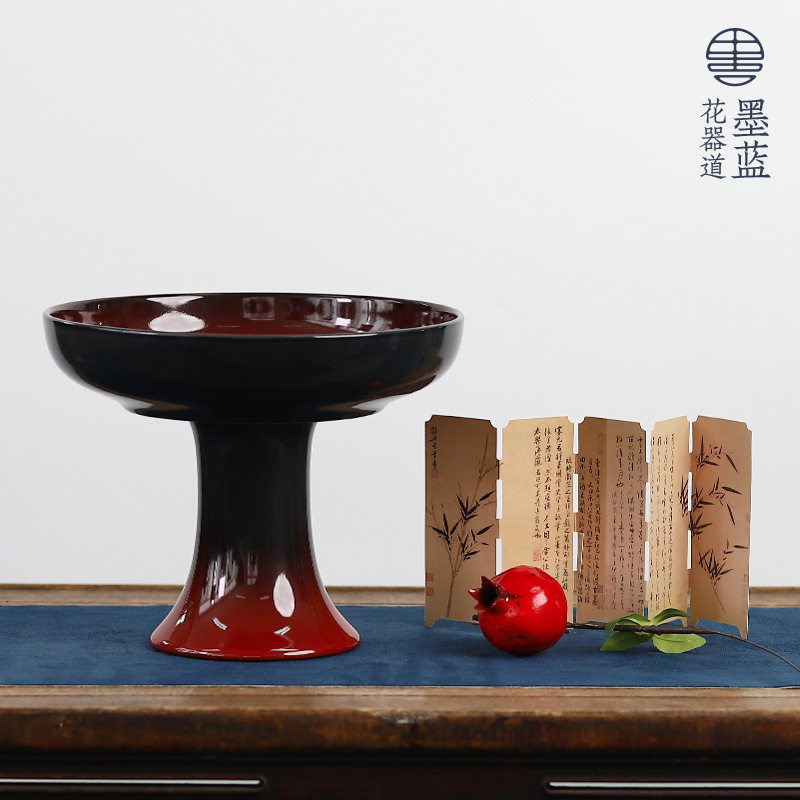 陶瓷窑变红釉里红插花高脚碗大号果盘精致茶点盘桌面茶室干果碟