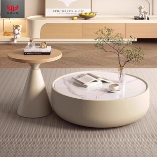 2026大小户型落地柜奶油风实木岩板茶几客厅家用原木色拉伸电视柜