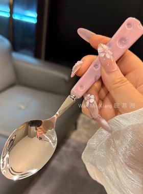 紫色奶酪主餐勺ins风陶瓷手柄不锈钢吃饭勺西餐勺子长柄调羹汤匙