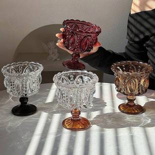 ins浮雕高脚甜品杯高级感冰淇淋玻璃杯简约水果酸奶杯雪糕碗