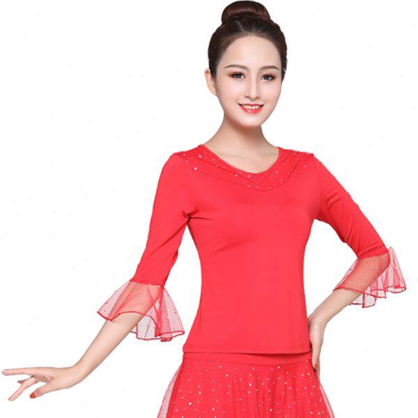 广场舞上衣女牛奶丝2023夏新款网纱喇叭中袖中老年跳舞蹈练功服装