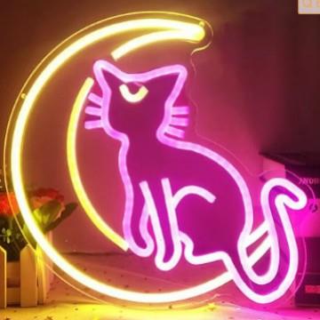 外贸跨境霓虹灯亚马逊Temu工厂直发动物月亮猫霓虹灯装饰灯灯牌
