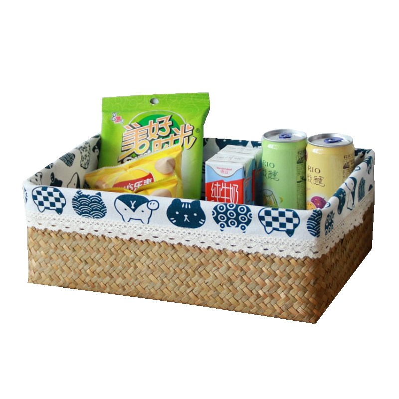 藤编竹编草编织收纳盒猫咪布艺带盖收纳I篮子茶几电视柜零食收纳