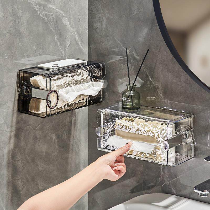 吸盘波纹厕所纸巾盒壁挂式化妆室卫生纸盒家用免打孔透明纸巾收纳