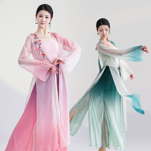 速发2024新古舞典蹈服飘逸刺绣渐变色长款纱衣仙气演唐民族舞汉出