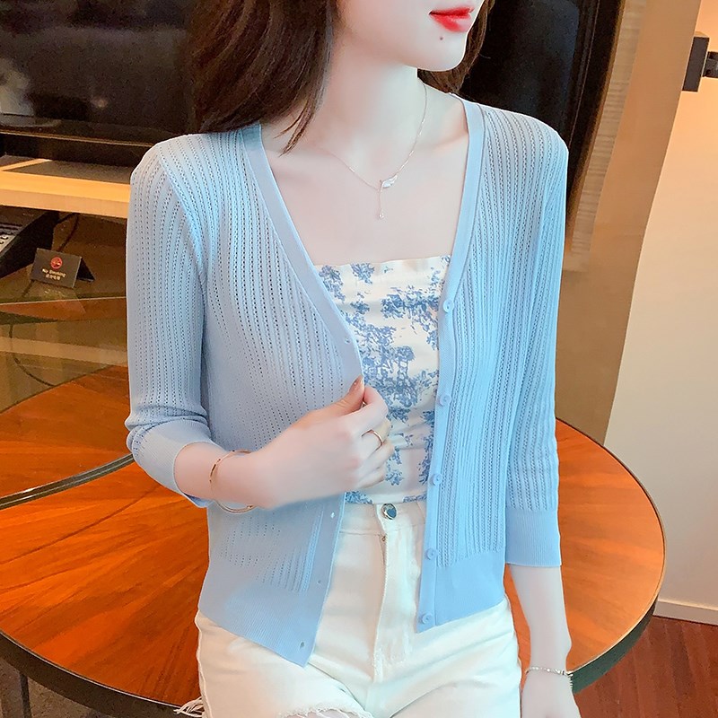 速发韩系七分袖防晒衣外季开款夏搭短款v领针织薄衫小外套