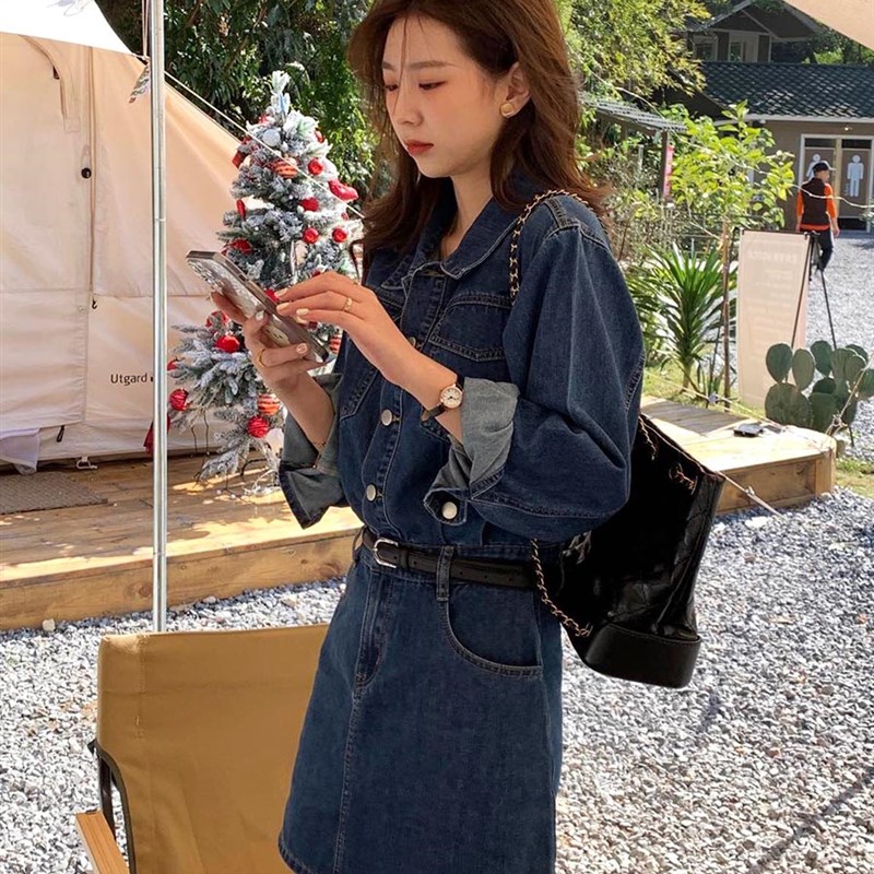 速发复古牛仔连腰裙港秋新款春风辣妹短裙小个子长袖收衣连体裙