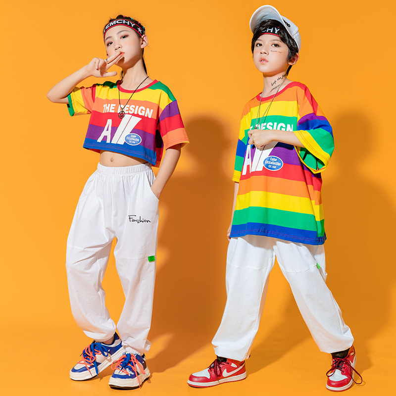 速发儿童嘻服街士哈套装彩色宽松爵舞舞表演服童露脐啦啦队潮服