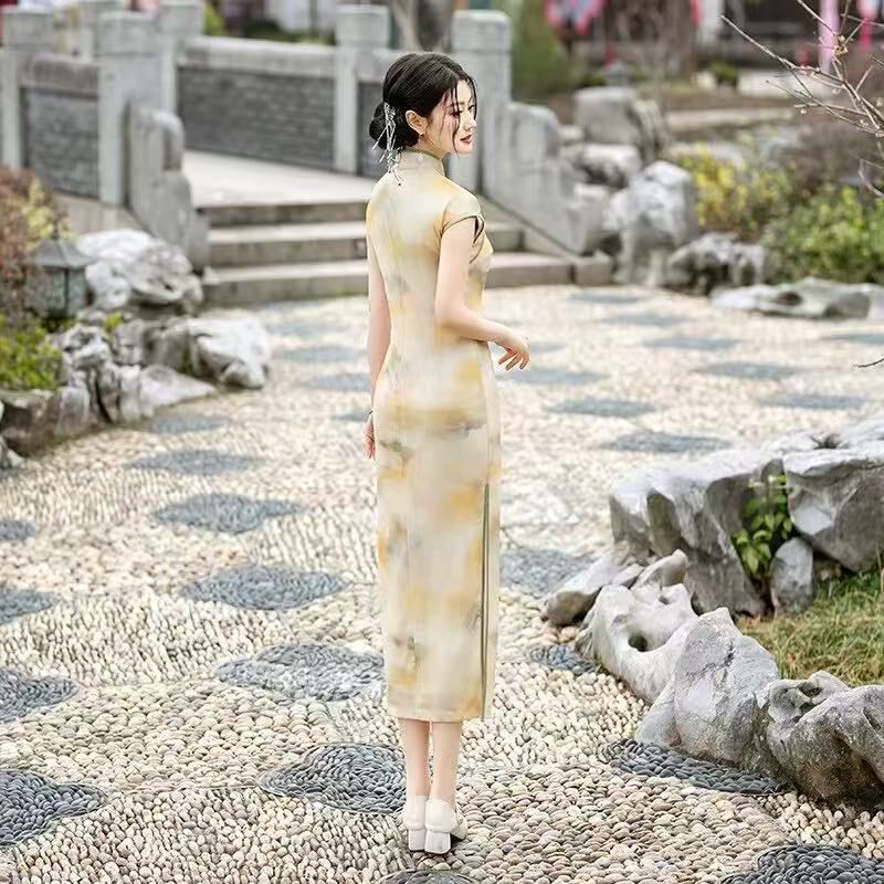 速发高考旗袍黄色小个子妈妈长款连衣裙年轻时尚夏款日常穿衣服高