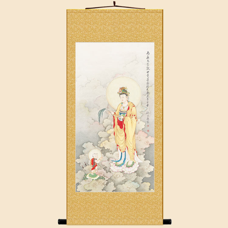 速发童子拜观音图 杨枝观世音菩萨装饰画 丝绸画卷轴挂画来图