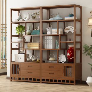 速发博古架实木中式摆件展示柜茶室茶具隔物架客厅置断多宝阁书架