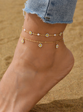 2023 Summer New Daisy Flower Chain Anklets for Women Beach S