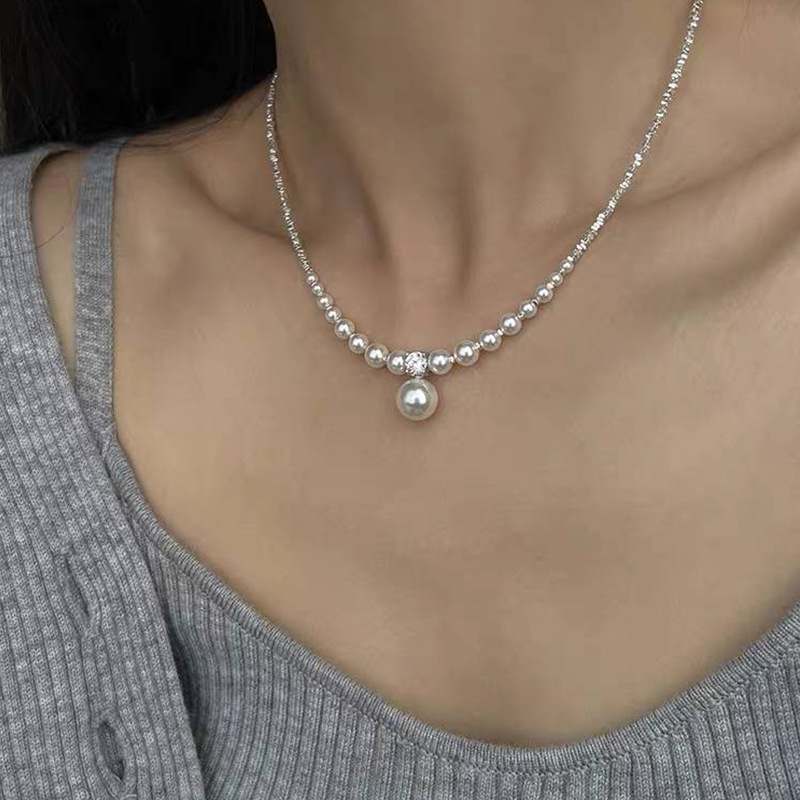 现货!碎银子施家正圆珍珠项炼渐层串珠强光锁骨链气质高级感颈炼