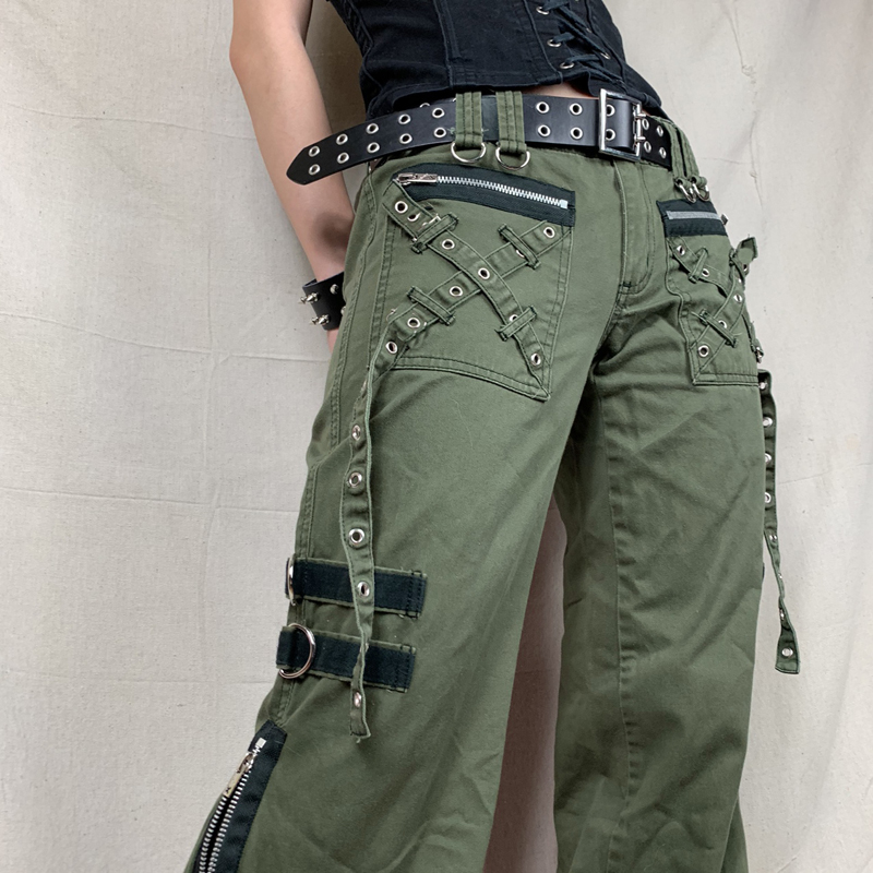 y2k Grunge Green Zipper Jeans Bandage Low Waist Cargo Pants
