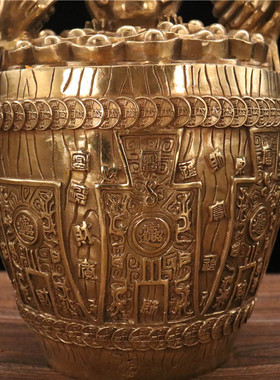 一桶金摆件纯铜创意复古铜缸聚宝盆客厅办公室酒柜装饰品