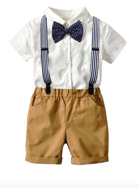 Boys Gentleman Outfits Suits Shirt+Bib Shorts+Tie+Suspende