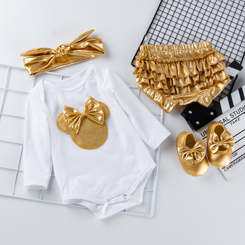 厂家厂家新款男女宝宝春秋装跨境现货欧美婴儿长袖哈衣金色PP裤套