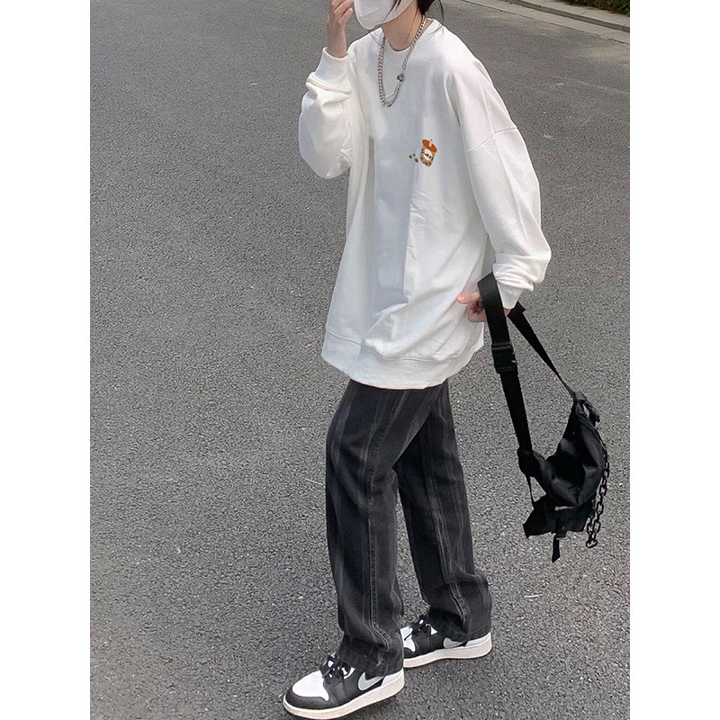 情侣装白色圆领套头卫衣女春秋新款宽松薄款bf慵懒风长袖外套上衣