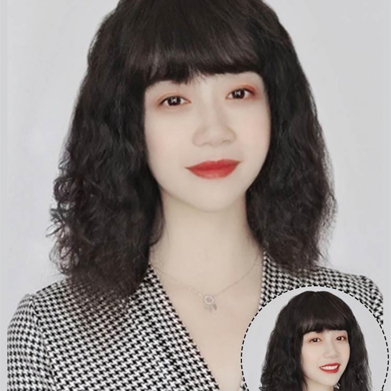 l蒂曼刘海辫短子真发卷补发片头顶补发片假发女发长发蓬松斜齐刘