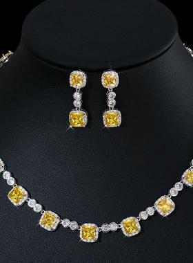 项链锆石套装耳环新娘礼服配饰晚宴宝石简约婚纱方形首饰欧美感链