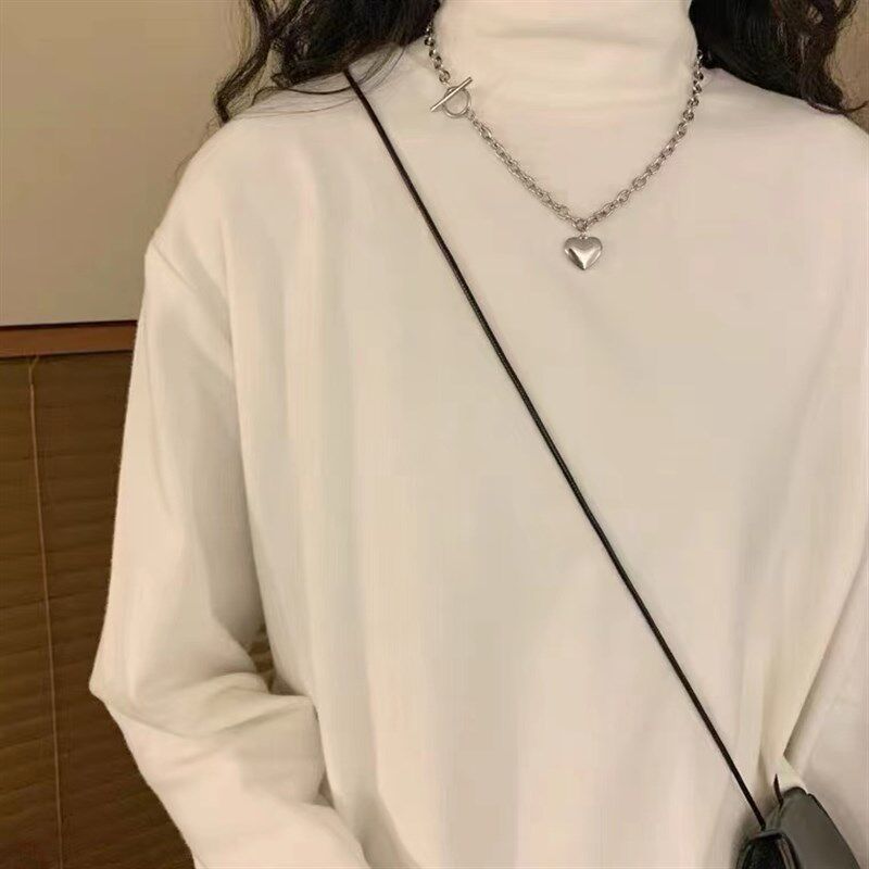 半高领德绒打底衫卫衣叠穿内搭宽松中长款白色长袖T恤女上衣秋冬
