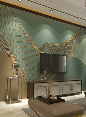绿色线条电视背景墙壁纸简约现代客厅卧室轻奢墙布3D艺术壁画墙纸