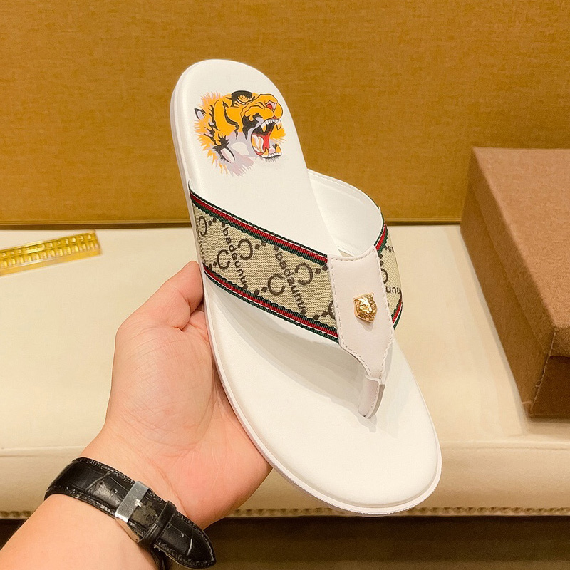 2023新款轻奢人字拖男夏季拖鞋潮流虎头印花真皮外穿夹脚沙滩凉鞋