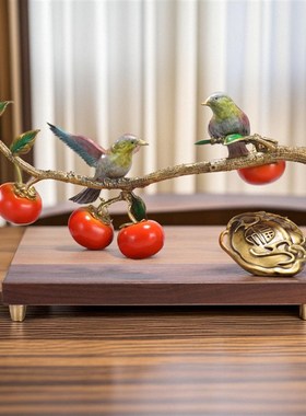 喜上眉梢黄铜柿柿如意柿子摆件家居客厅装饰品新中式新人结婚礼物