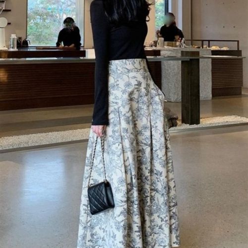 Elegant Vintage Floral Skirt Women High Waist Autumn 2023 Ne