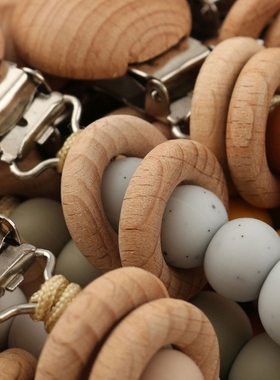 Baby Pacifier Clips Silicone Beads Wooden Ring Pacifier Chai