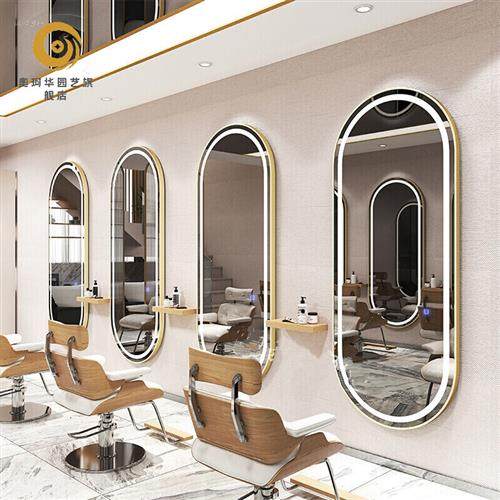 理髲镜子理髲店镜台网红美发镜子发廊专用潮款柜子 一体简约带灯